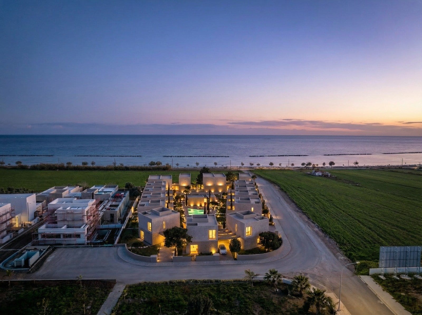 Sunset view of 2 bedroom Luxury villas on close to the sea in geroskipou